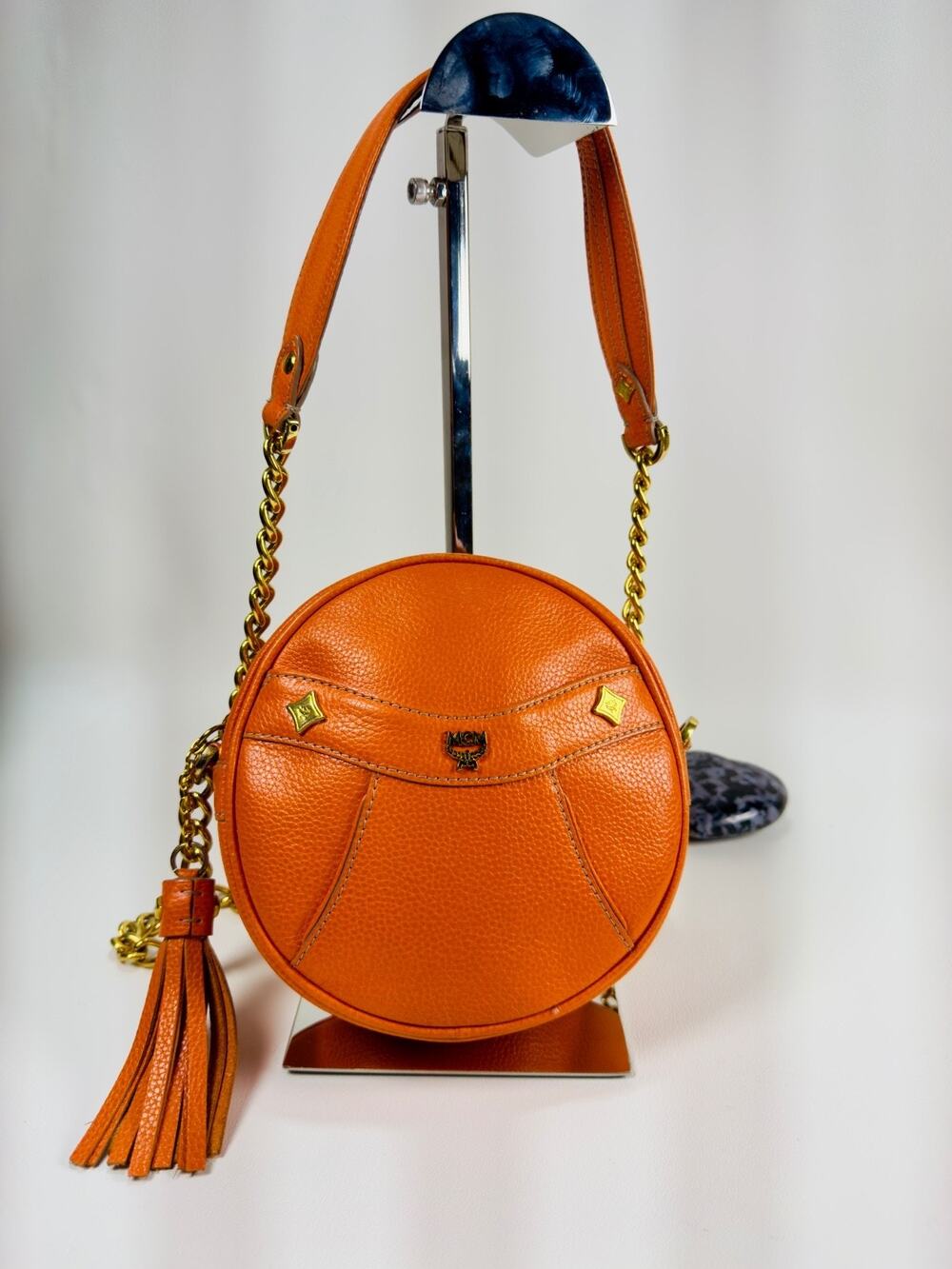 Vintage MCM First Lady Tambourine Crossbody Bag Orange Pebbled Leather Tassel